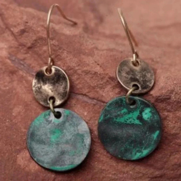 Copper Plated Brass Patina Medallion Dangle Earrings - Picture 1 of 2